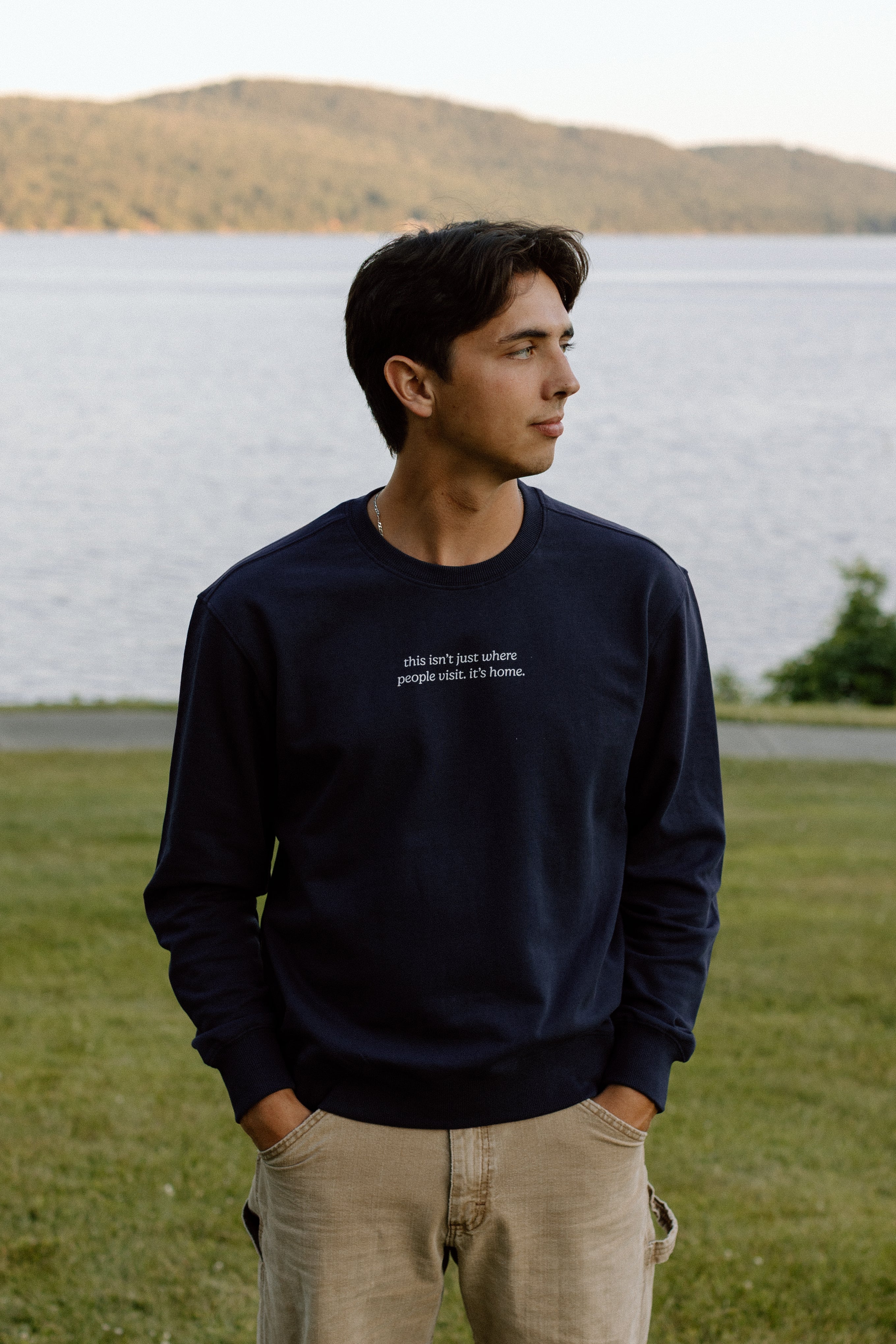 I Live Where People Vacation – Classic Cotton Sweatshirt (Blue Edition)
