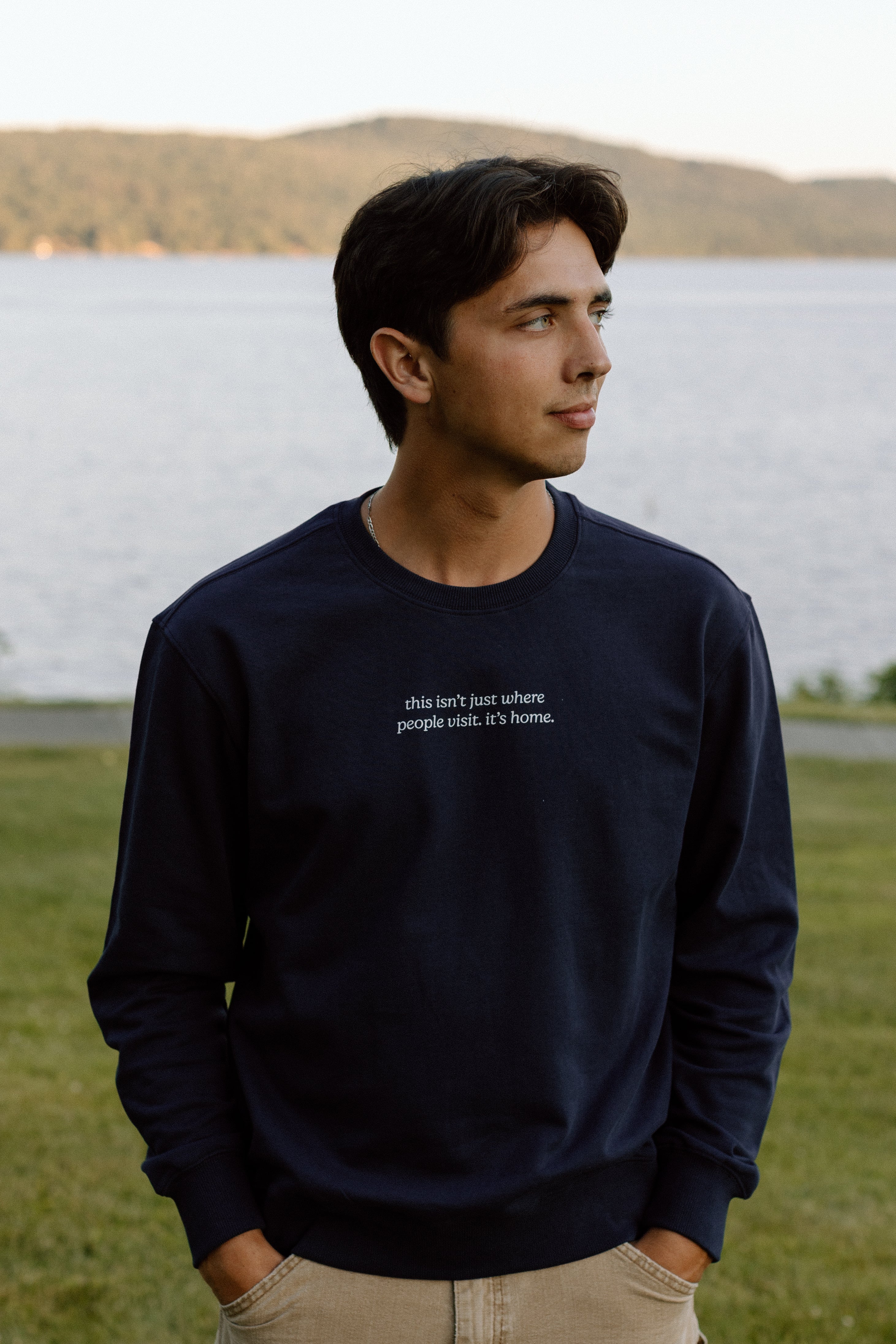 I Live Where People Vacation – Classic Cotton Sweatshirt (Blue Edition)