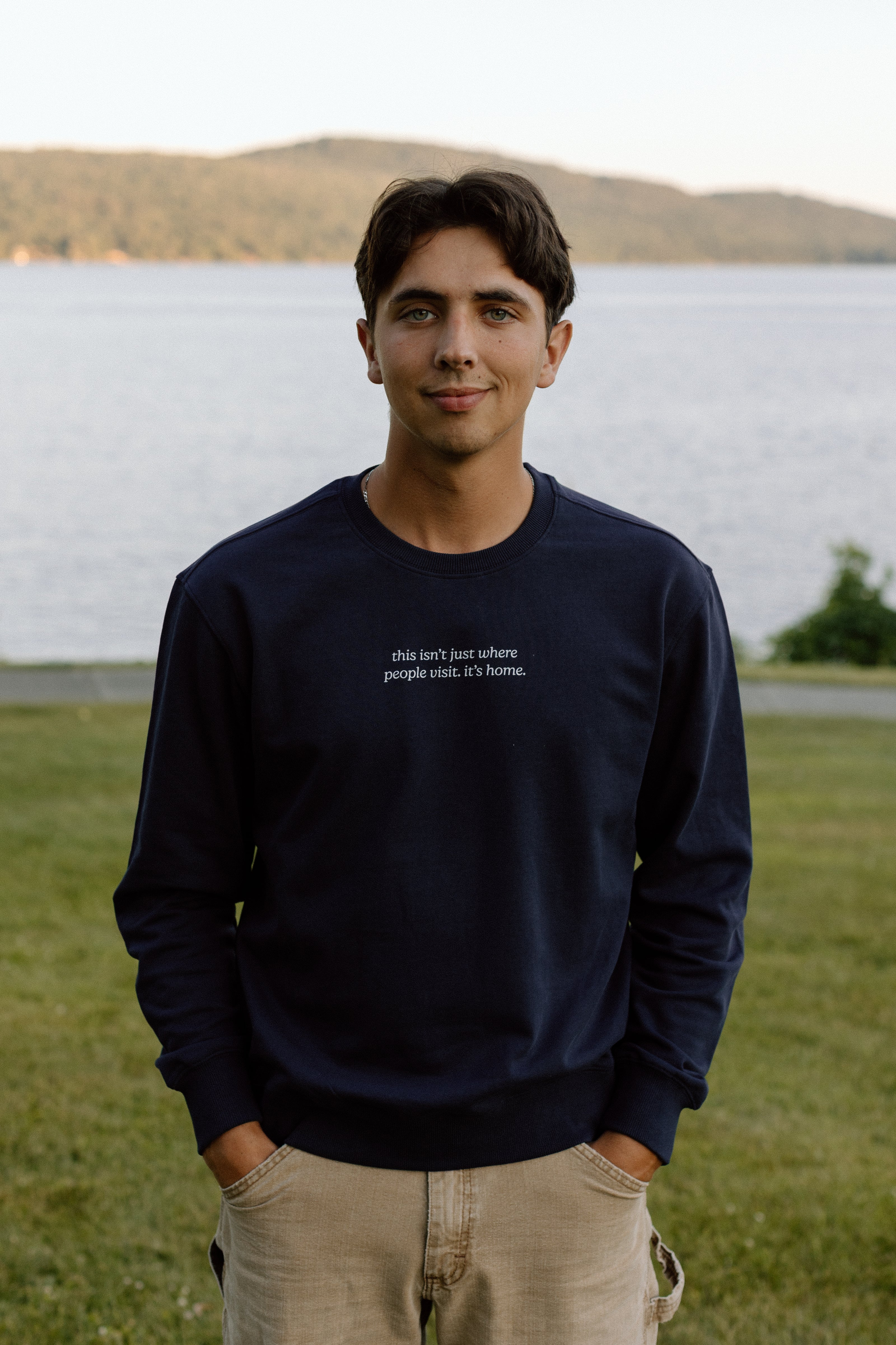 I Live Where People Vacation – Classic Cotton Sweatshirt (Blue Edition)