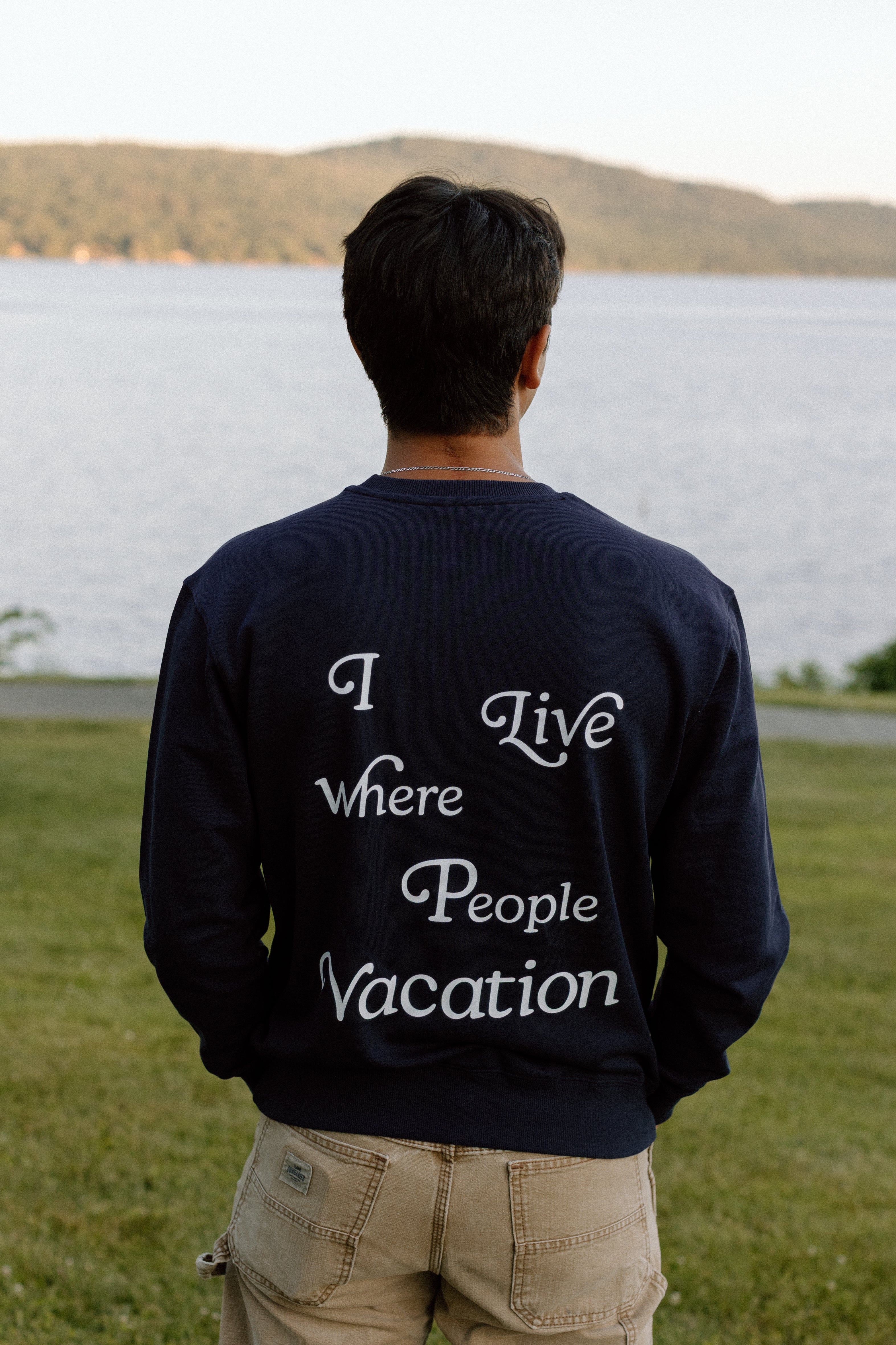 I Live Where People Vacation – Classic Cotton Sweatshirt (Blue Edition)