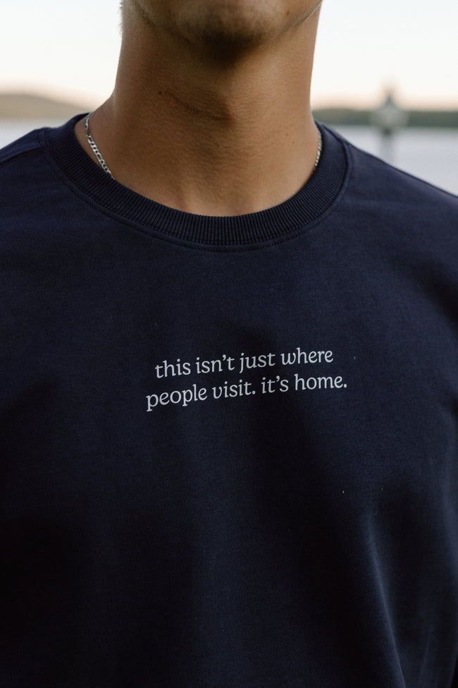I Live Where People Vacation – Classic Cotton Sweatshirt (Blue Edition)