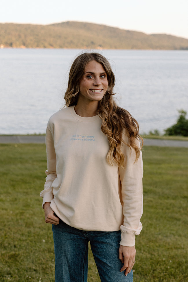 I Live Where People Vacation – Classic Cotton Sweatshirt (Butter Yellow Edition)