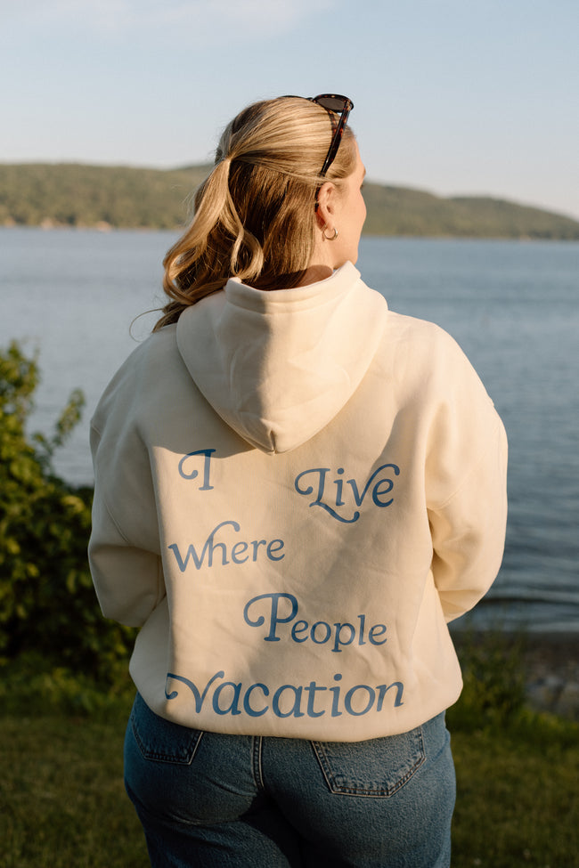 I Live Where People Vacation – Oversized Fleece Hoodie (Butter Yellow)