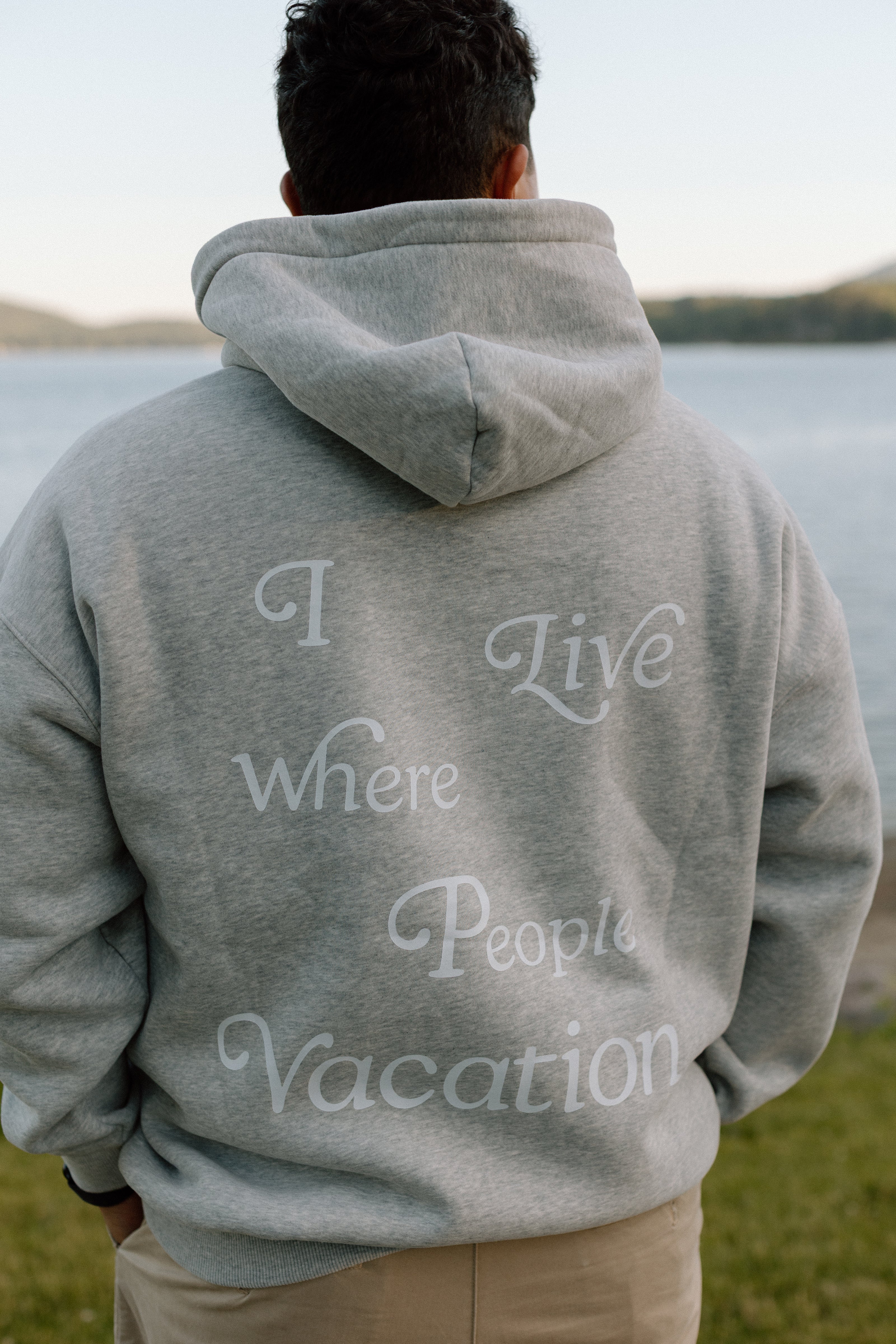 I Live Where People Vacation – Oversized Fleece Hoodie (Gray)
